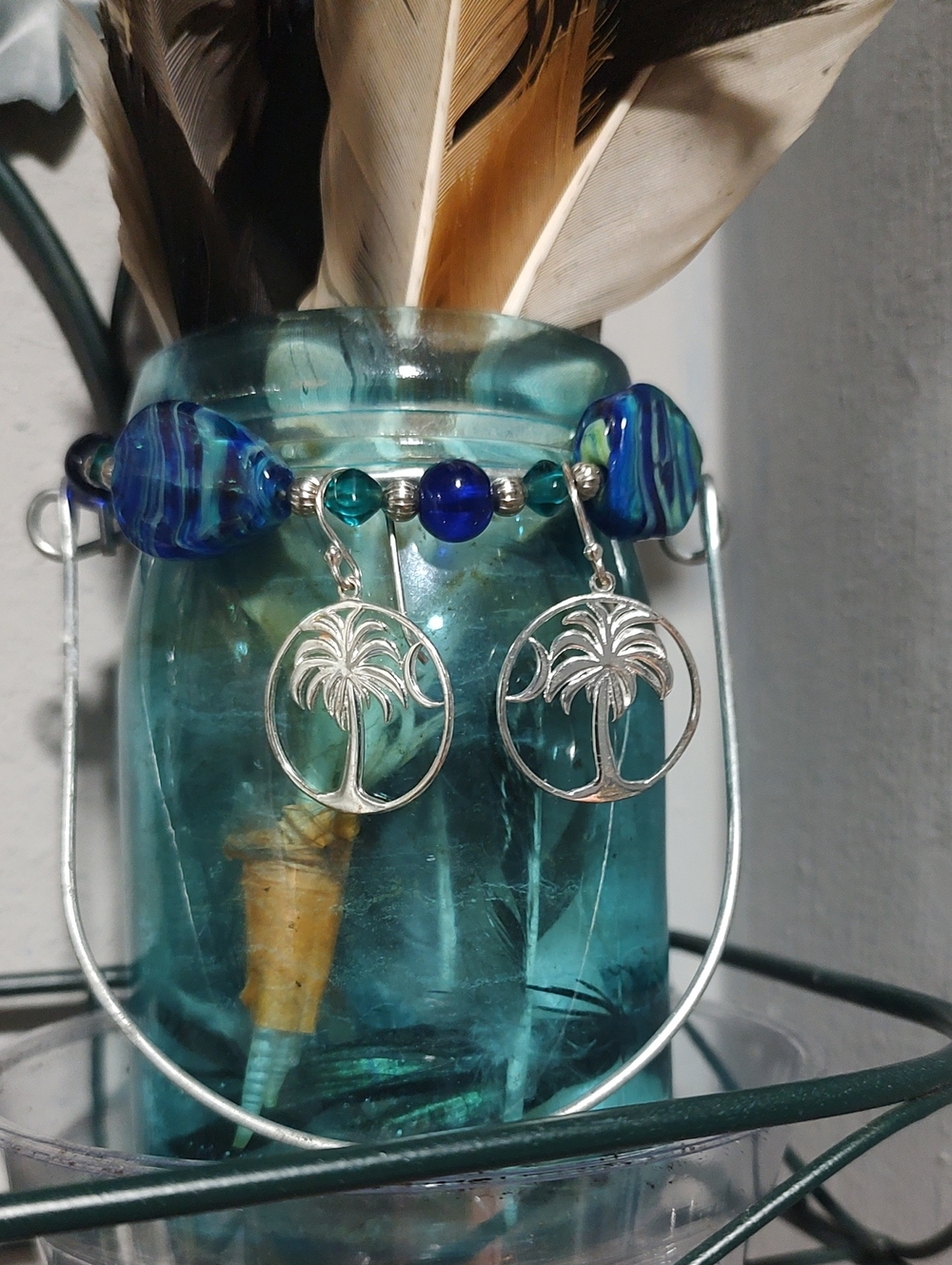 Silver Palm Tree Crescent Moon South Carolina Earrings
